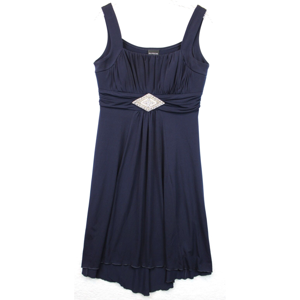 Enfocus Studio Strap Dress Adorned Ruched High Low Women 8 Navy Evening Festive - Picture 10 of 11